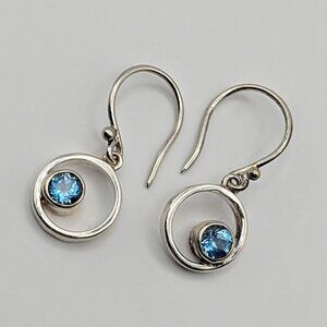 Bright Blue Topaz Earrings - Sterling Circle Earrings